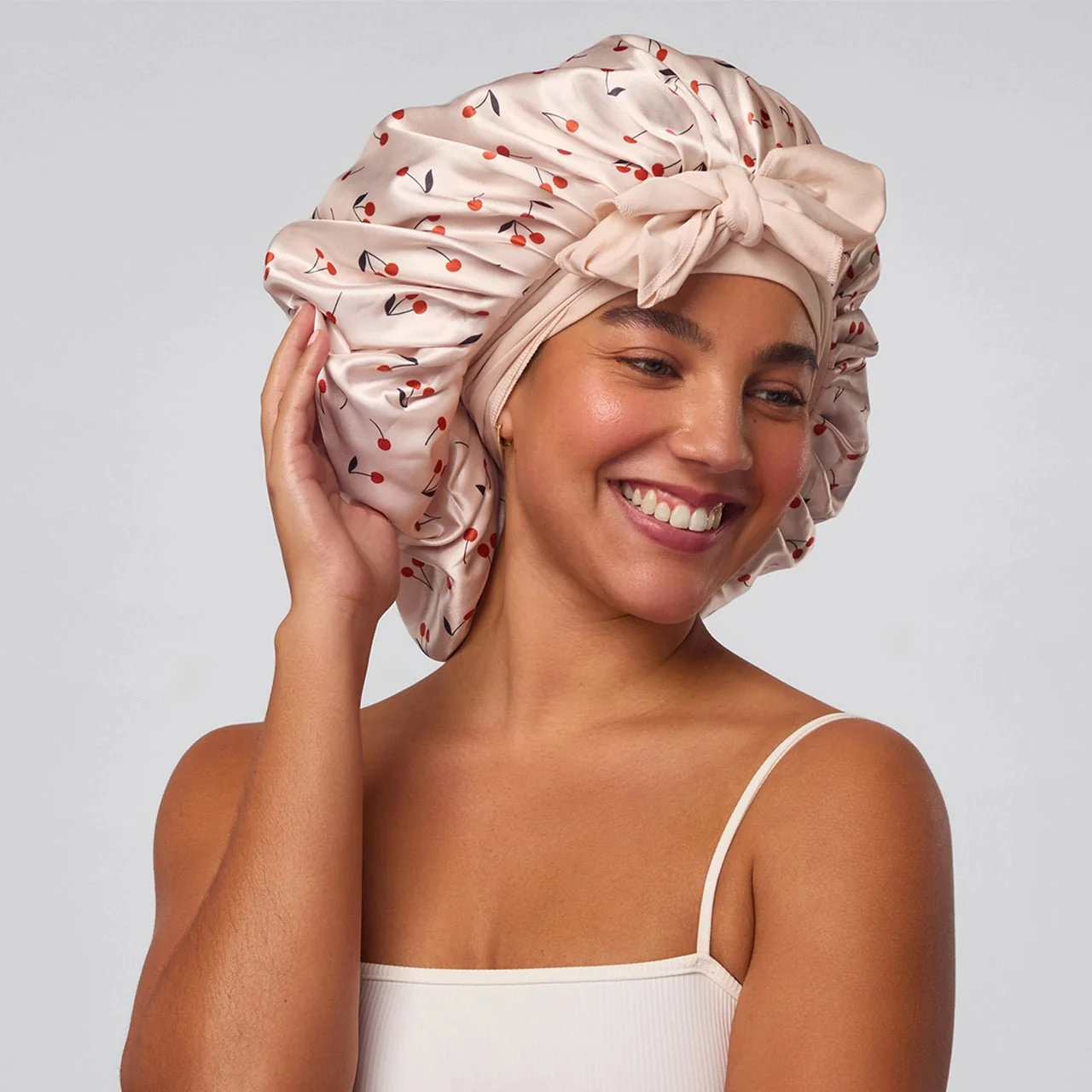 Kitsch Adjustable Oversized Satin Bonnet - Cherry Print - Image 4